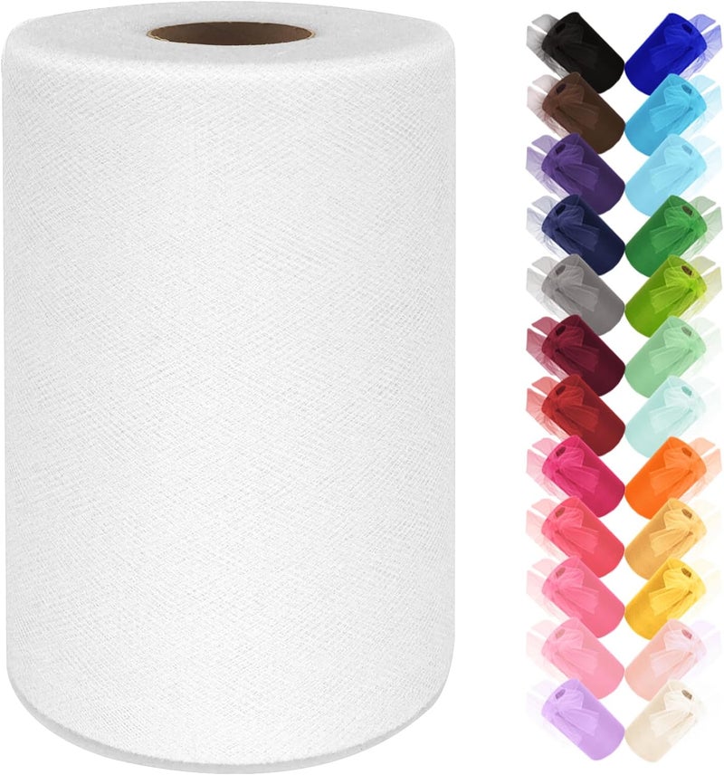 Ableme Deco White Tulle Fabric Roll 6 Inch by 100 Yards (300 ft) Tulle Ribbon Sheer Mesh Netting for DIY Tutu Skirt Gift Wrapping Wedding Baby Shower Birthday Halloween Party Decorations Crafts, 34 Colors (White) - Image 1