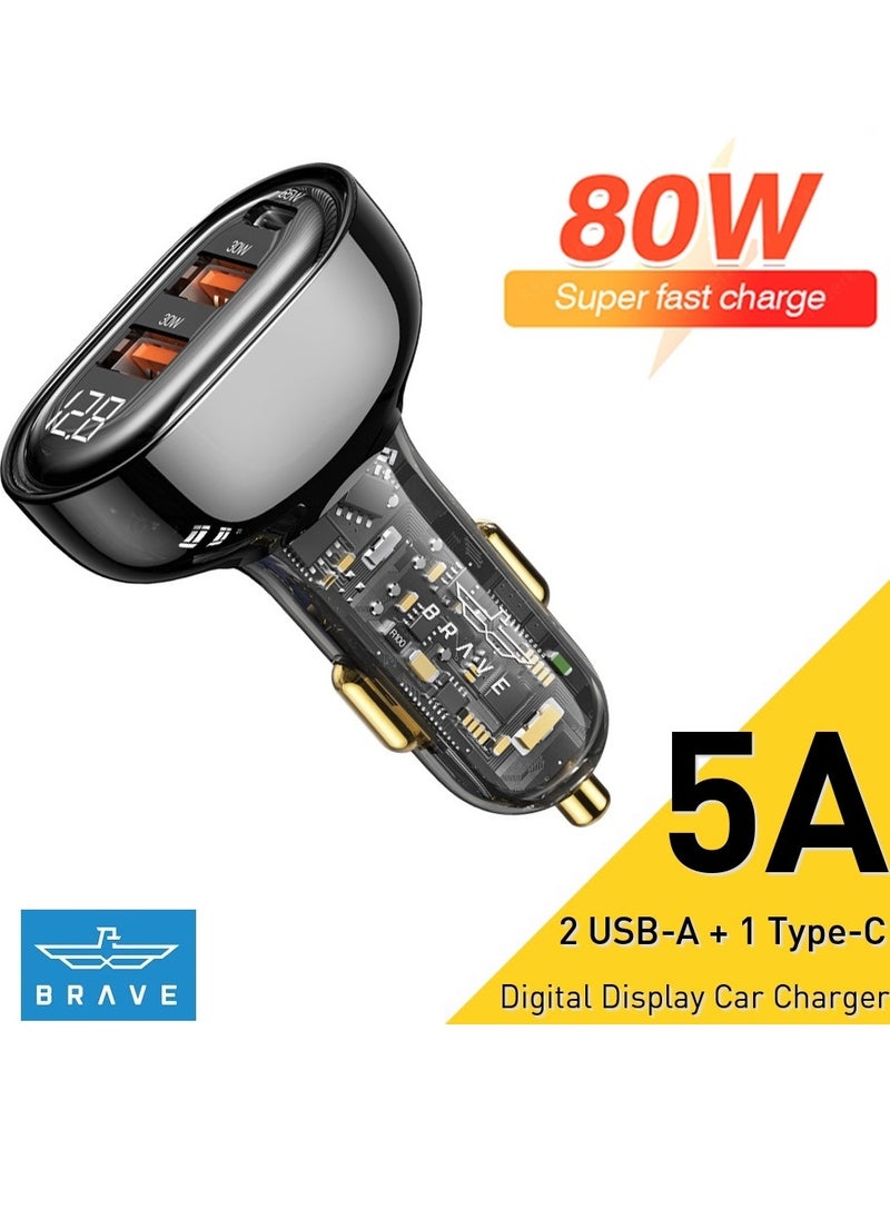 Brave 80W Car Charger Fast Charging iPhone 15 Pro Car Power Adapter 3 Port [PD 20W & Dual QC 30W] Fast Car Charger Type C for, iPhone 15/15 Pro/15 Pro Max, Samsung S23/MacBook/iPad, Steam Deck, etc  - Image 1