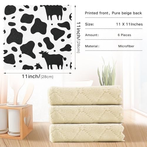 Kcldeci 6 Pack Kitchen Dish Towels,Cow Print Dish Cloths, Black White Cow Pattern Animal Skin Print Drying Dishes Dish Towels Dishes Dish Rags Kitchen Washcloth Cleaning Cloths 11"x11" - Image 3