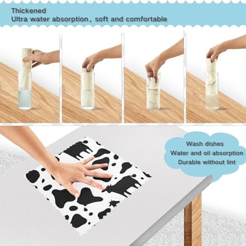 Kcldeci 6 Pack Kitchen Dish Towels,Cow Print Dish Cloths, Black White Cow Pattern Animal Skin Print Drying Dishes Dish Towels Dishes Dish Rags Kitchen Washcloth Cleaning Cloths 11"x11" - Image 4