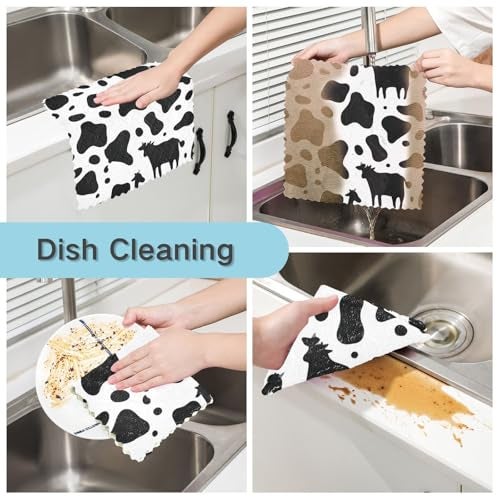 Kcldeci 6 Pack Kitchen Dish Towels,Cow Print Dish Cloths, Black White Cow Pattern Animal Skin Print Drying Dishes Dish Towels Dishes Dish Rags Kitchen Washcloth Cleaning Cloths 11"x11" - Image 2