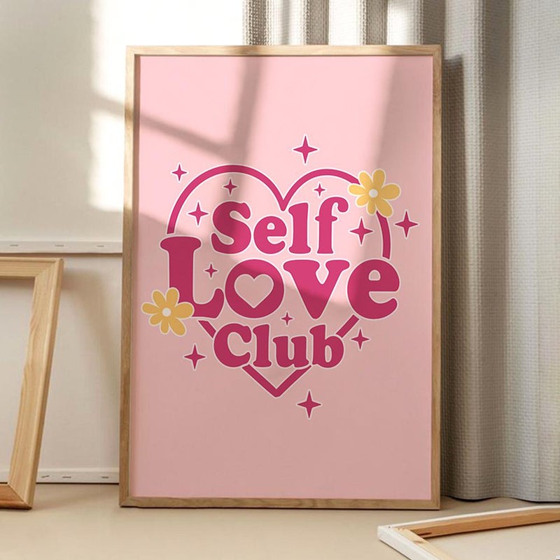 TNESSENTIAL Self Love Club Floral Quote Art Canvas Poster, Trendy Wall Art, Inspirational Aesthetic Decor, Retro Home Decor, Printed Gift - Image 1