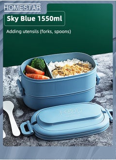 HOMESTAR 2-Layer PP Plastic Lunch Box Large Capacity Bento Box with 3-Grids for School Office Outdoor Blue  - Image 1