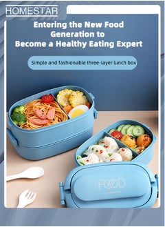 HOMESTAR 2-Layer PP Plastic Lunch Box Large Capacity Bento Box with 3-Grids for School Office Outdoor Blue  - Image 2