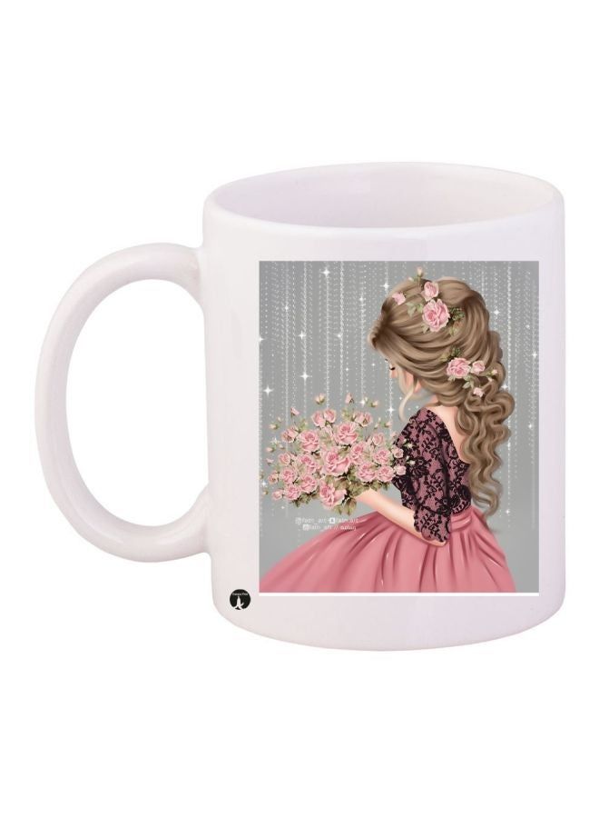 RKN Cartoon Girl Printed Coffee Mug White/Grey/Pink 11ounce - Image 2