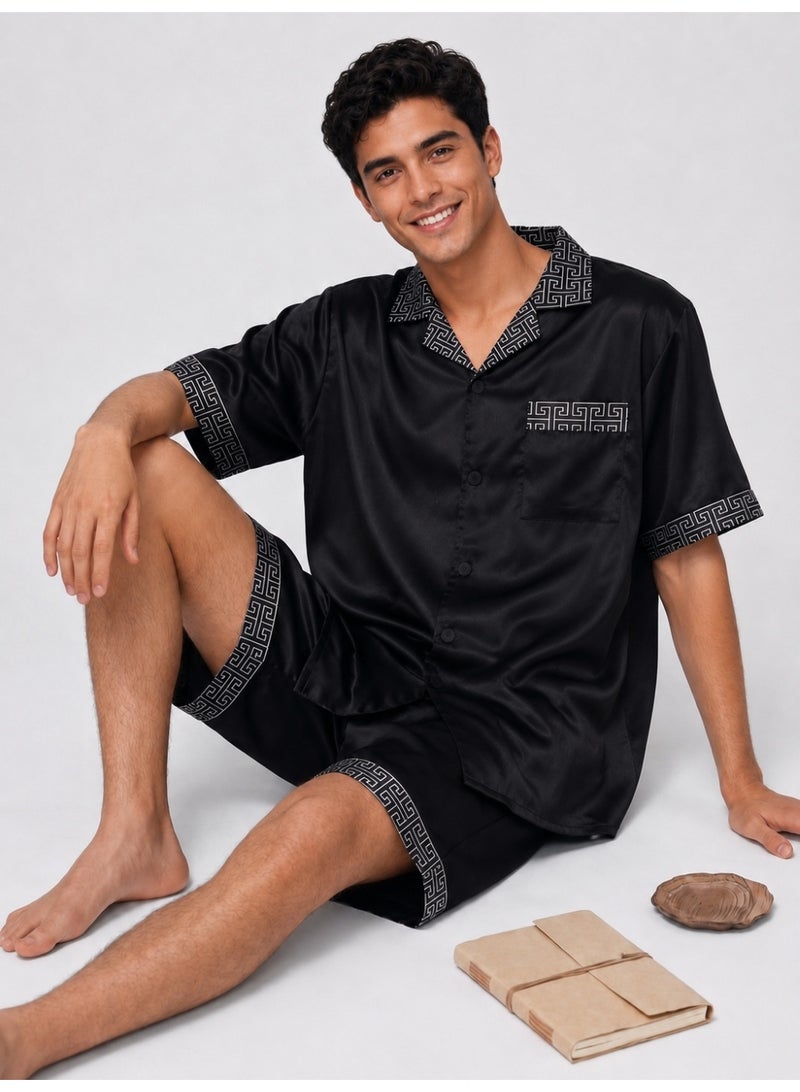 Men's Satin-Like Sleepwear Set, Button Shirt & Shorts with Geometric Trim, Black - Image 3