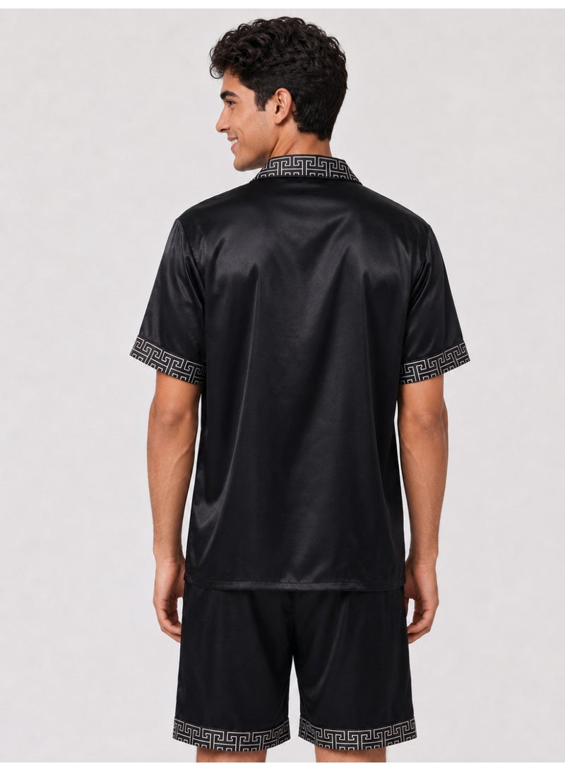 Men's Satin-Like Sleepwear Set, Button Shirt & Shorts with Geometric Trim, Black - Image 5