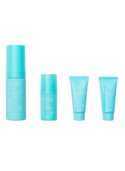 TULA Skin Care Clear Skin Starters Acne & Blemish Fighting Discovery Kit - Foam Cleanser, Gel, Moisturizer, Treatment Mask and Travel Bag to Treat & Prevent Acne, 4-Piece Kit