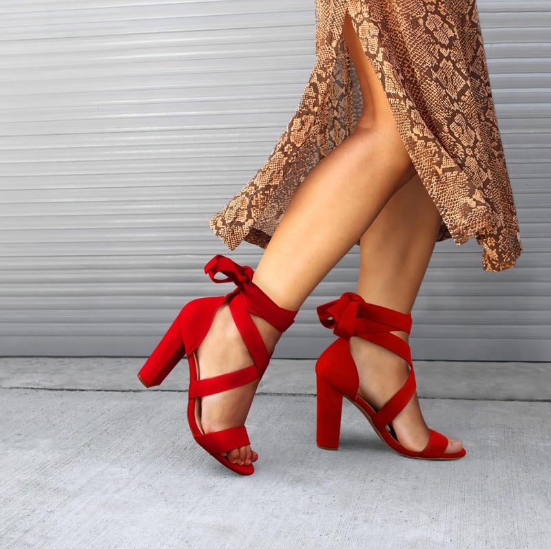 Carcuume Strappy Heels for Women Chunky Heels High Heeled Sandals with Lace Up Fahsion Casual Nude Block Heel Sandals,Ellery-RED-6 - Image 2