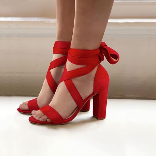 Carcuume Strappy Heels for Women Chunky Heels High Heeled Sandals with Lace Up Fahsion Casual Nude Block Heel Sandals,Ellery-RED-6 - Image 3
