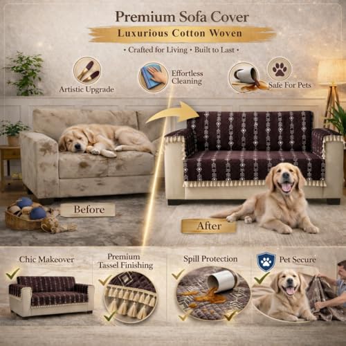 STITCHNEST Chenille Printed Sofa Cover 1 Seater with 2 Hand Rest Covers – Washable Brown Sofa Cover with Tassels – Durable Premium Fabric – Stylish Sofa Protector for Living Room & Furniture Decor - Image 4