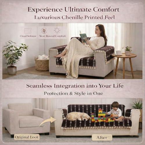 STITCHNEST Chenille Printed Sofa Cover 1 Seater with 2 Hand Rest Covers – Washable Brown Sofa Cover with Tassels – Durable Premium Fabric – Stylish Sofa Protector for Living Room & Furniture Decor - Image 3