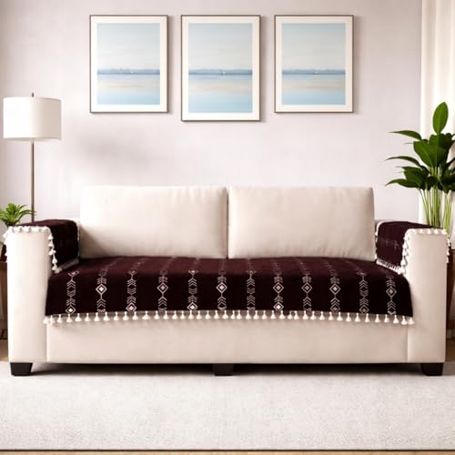 STITCHNEST Chenille Printed Sofa Cover 1 Seater with 2 Hand Rest Covers – Washable Brown Sofa Cover with Tassels – Durable Premium Fabric – Stylish Sofa Protector for Living Room & Furniture Decor - Image 1