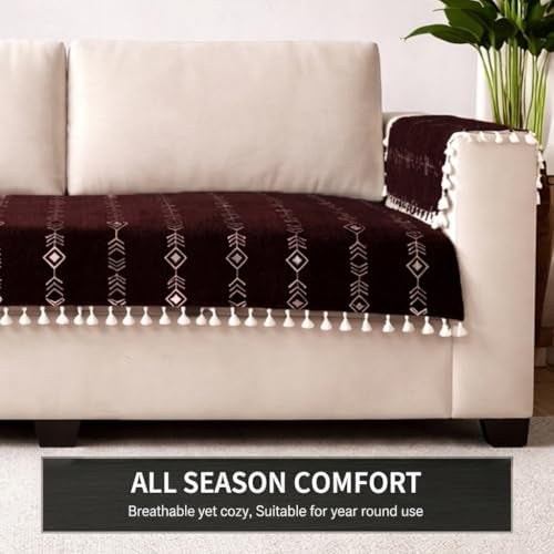 STITCHNEST Chenille Printed Sofa Cover 1 Seater with 2 Hand Rest Covers – Washable Brown Sofa Cover with Tassels – Durable Premium Fabric – Stylish Sofa Protector for Living Room & Furniture Decor - Image 5