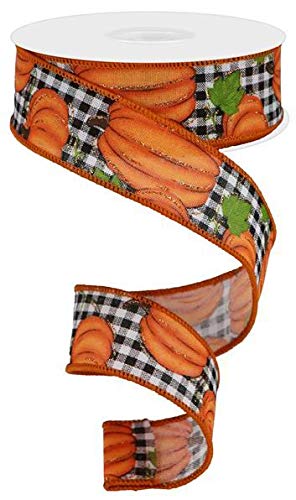 Craig Bachman 15 Pumpkin Patch Ribbon Check 10 Yards  Fall Harvest Gift Wrapping Floral Arrangement Wreath Bow Fabric Craft Wired Edge Ribbon