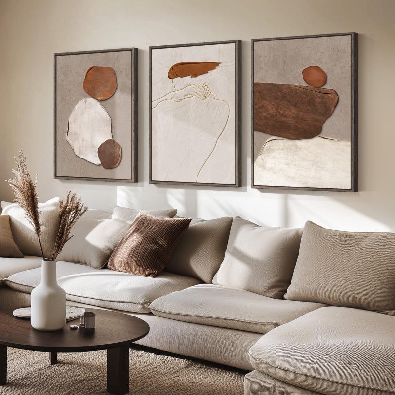 Cuspin Large Framed Neutral Abstract Wall Art for Living Room, Set of 3 Rustic Beige Brown Canvas Prints Paintings Artwork for Walls, Minimalist Stone Pictures for Hallway Stair Office Wall Decor 24x36 Inch - Image 2