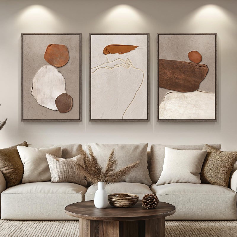 Cuspin Large Framed Neutral Abstract Wall Art for Living Room, Set of 3 Rustic Beige Brown Canvas Prints Paintings Artwork for Walls, Minimalist Stone Pictures for Hallway Stair Office Wall Decor 24x36 Inch - Image 1