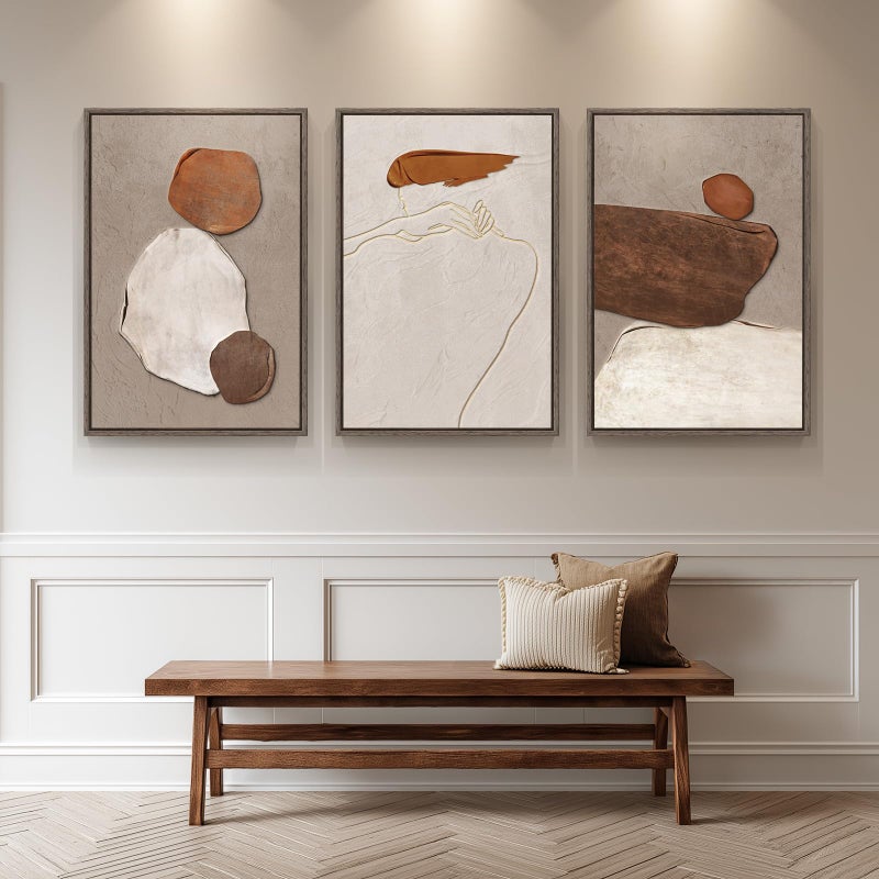 Cuspin Large Framed Neutral Abstract Wall Art for Living Room, Set of 3 Rustic Beige Brown Canvas Prints Paintings Artwork for Walls, Minimalist Stone Pictures for Hallway Stair Office Wall Decor 24x36 Inch - Image 4