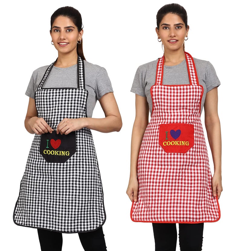 JMi Cotton Checkered Design Waterproof Apron with Multipurpose Front Large Embroidered Pocket Pack of 2 (RED & Black) - Image 1