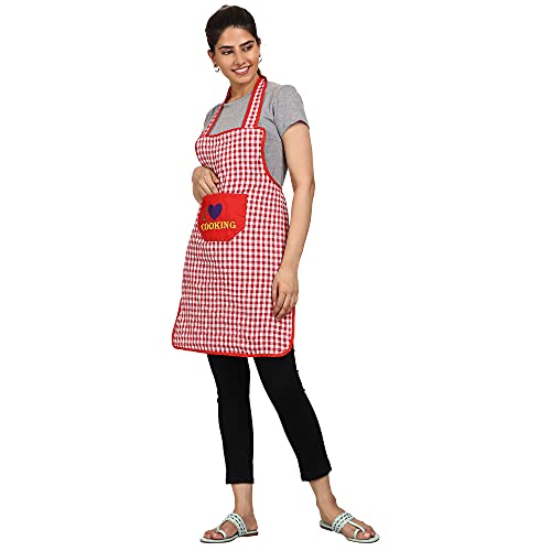 JMi Cotton Checkered Design Waterproof Apron with Multipurpose Front Large Embroidered Pocket Pack of 2 (RED & Black) - Image 5