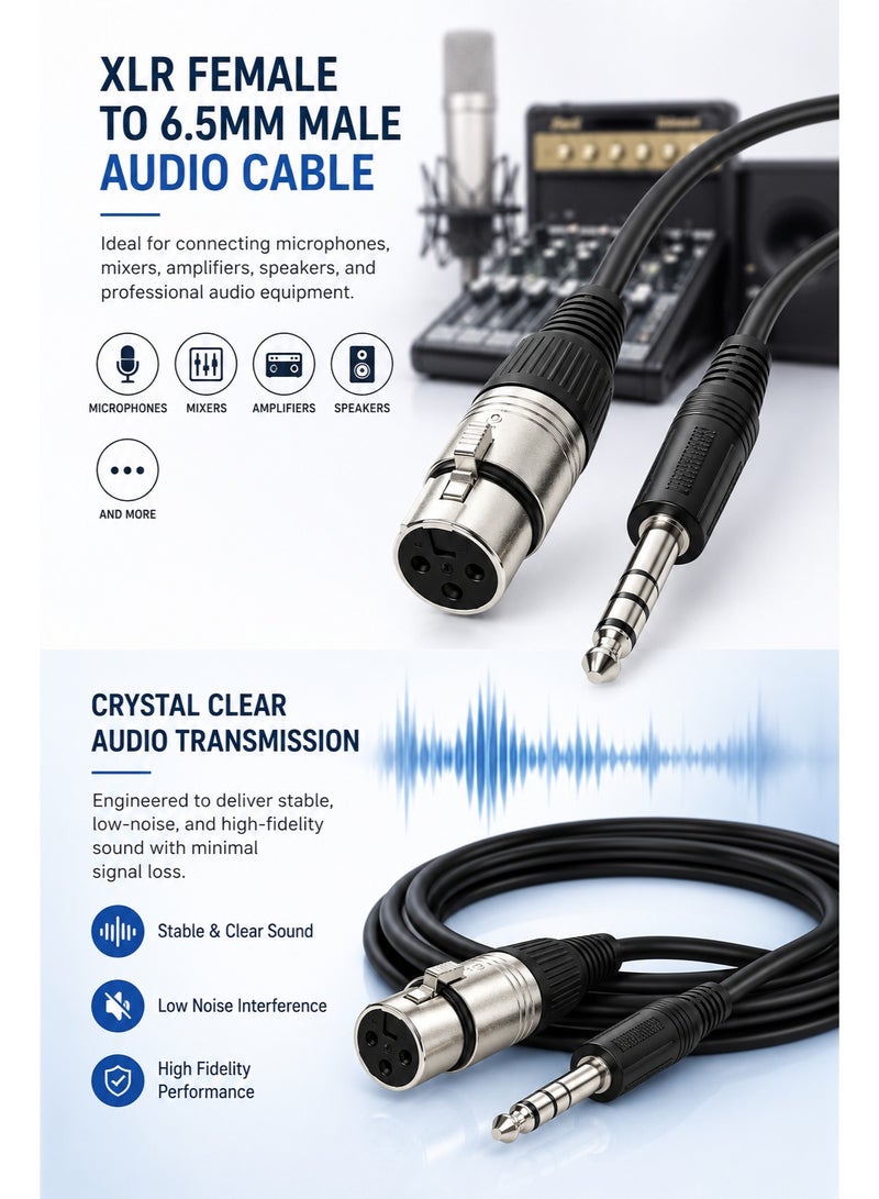 Audio cable from female XLR connector to male 6.5 mm 1.5 Meter  connector for connecting microphones and high-quality audio equipment. - Image 2