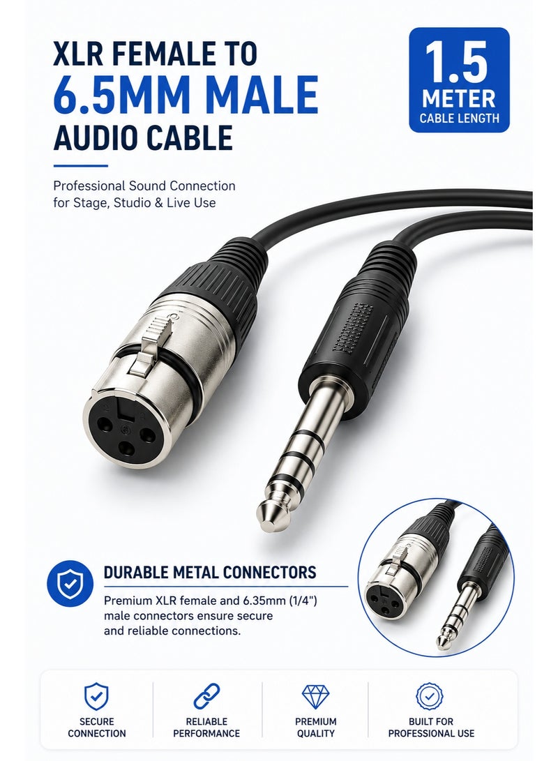 Audio cable from female XLR connector to male 6.5 mm 1.5 Meter  connector for connecting microphones and high-quality audio equipment. - Image 1