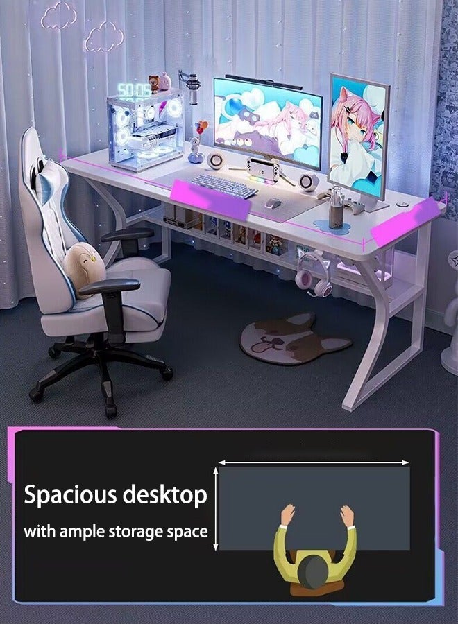 WAMIT Ergonomic Large Gaming Desk, Computer Desk, C-Shaped Gaming Table, Home Office Small Desk PC Gaming Workstation Home Office Desks, Space-saving, Easy to Assemble (White,140x60x75cm) - Image 2