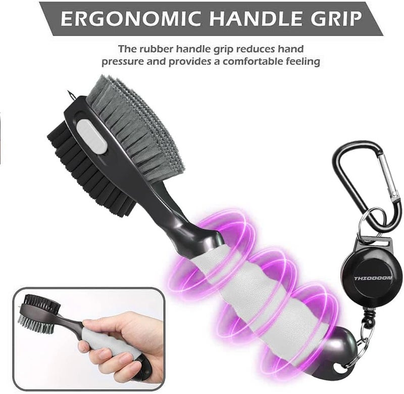 THIODOON 2 Pack Golf Club Brushes and Groove Cleaner 2 ft Retractable Zipline Carabiner Golf Brush Head with Retractable Spike Comfortable Grip Golf Club Cleaner - Image 5