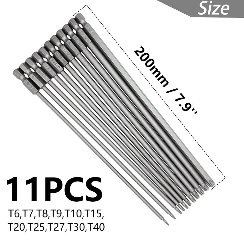 Saipe 11pcs 200mm Extra Long Torx Screwdriver Bit Set, Magnetic Head S2 Steel Star Screw Driver Drill Bits 1/4" Hex Shank Tamper Proof Security Bit Set (T6-T40) - Image 2