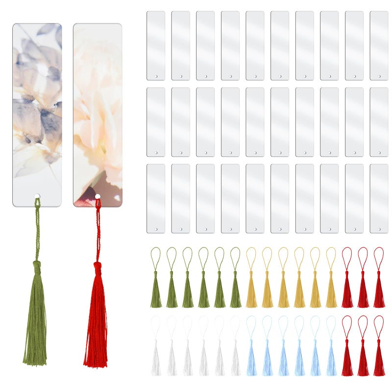 Abvsdu 30 PCS Acrylic Bookmark Blanks, Clear Acrylic DIY Blank Bookmarks with 30 Multi-Color Bookmark Tassels for DIY and Graduation Gift Tag Decoration - Image 1