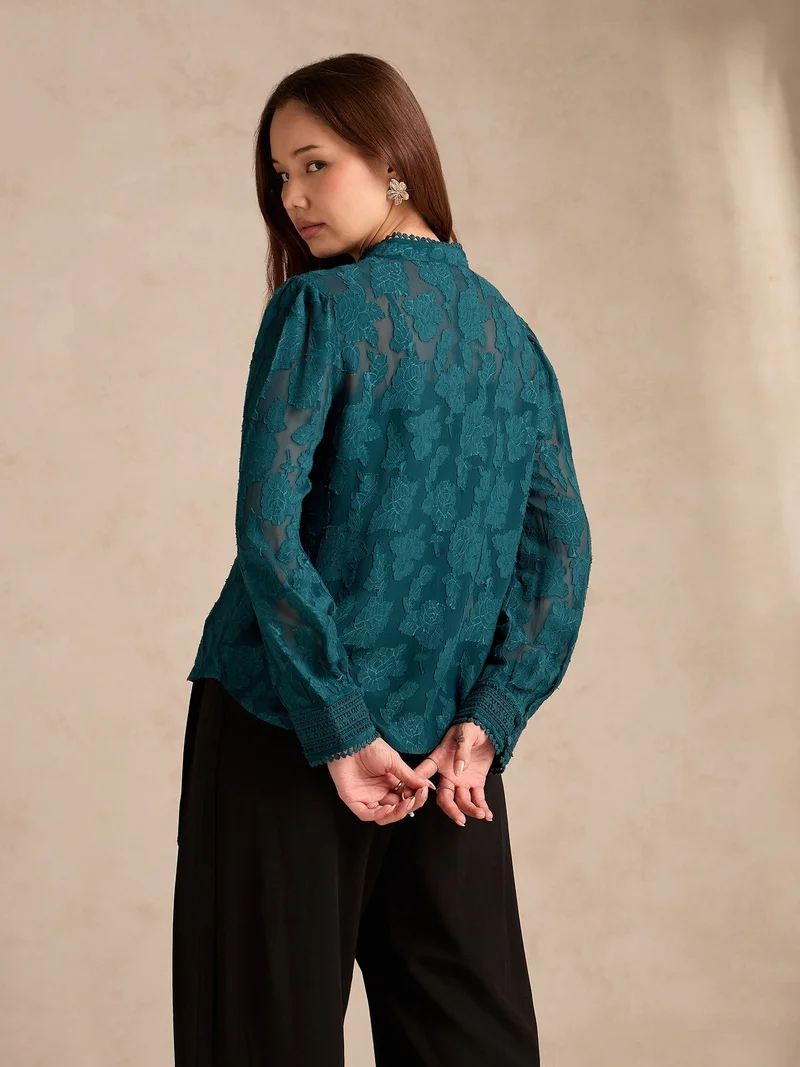 Outzidr  Teal Regular Fit Burnout Fabric Blouse With Lace Details for Women | Best Price UAE