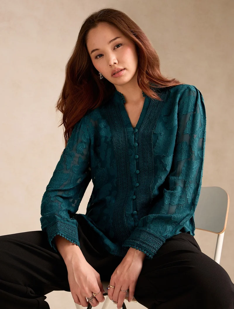 Outzidr  Teal Regular Fit Burnout Fabric Blouse With Lace Details for Women | Best Price UAE