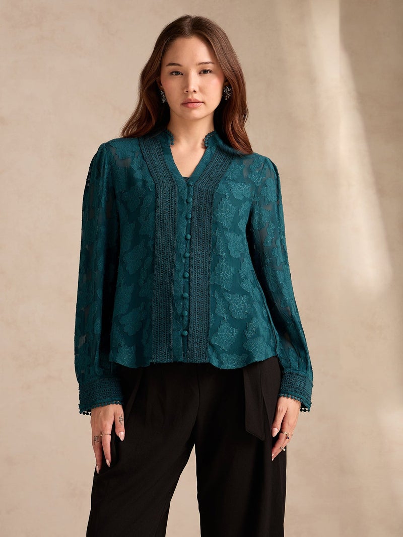 OUTZIDR Teal Regular Fit Burnout Fabric Blouse With Lace Details - Image 1