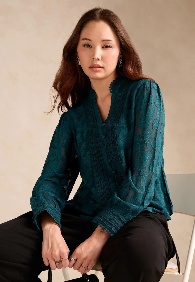 Outzidr  Teal Regular Fit Burnout Fabric Blouse With Lace Details for Women | Best Price UAE
