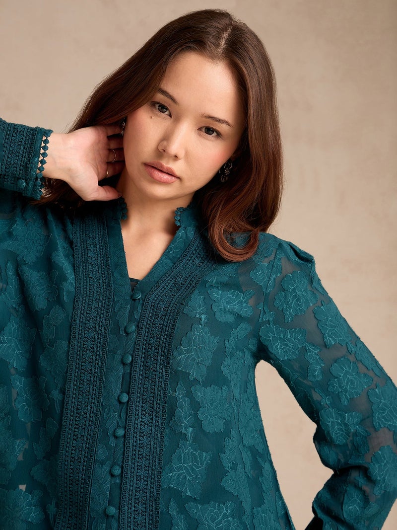 OUTZIDR Teal Regular Fit Burnout Fabric Blouse With Lace Details - Image 2