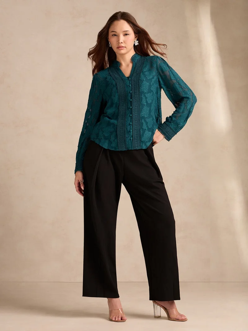 Outzidr  Teal Regular Fit Burnout Fabric Blouse With Lace Details for Women | Best Price UAE