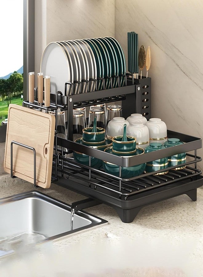 Arthasya Dish Drying Rack 2 Tier Dish Drainer Rack with Drip Tray and Drainer Mat, Stainless Steel Dish Rack with Utensil Holder, Draining Board for Kitchen Counter, Black - Image 1