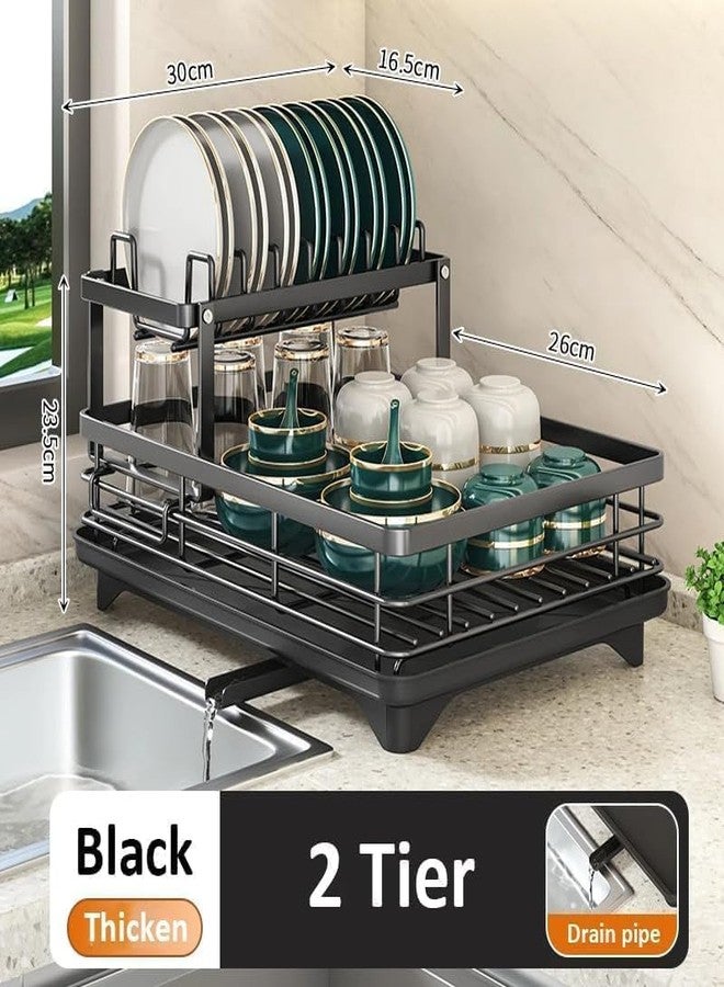 Arthasya Dish Drying Rack 2 Tier Dish Drainer Rack with Drip Tray and Drainer Mat, Stainless Steel Dish Rack with Utensil Holder, Draining Board for Kitchen Counter, Black - Image 2