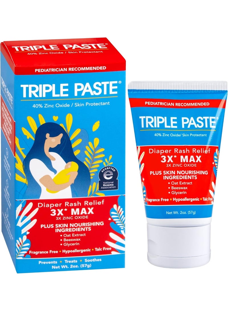 Triple Paste 3X Max Diaper Rash Ointment, Maximum Strength with 40% Zinc Oxide Ointment for Severe Diaper Rash, 2 oz Tube