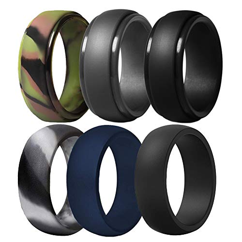 Finrray Silicone Wedding Ring for Men, 6 Pack Breathable Silicone Rubber Wedding Bands Thin Silicone Ring - 8.7 mm Wide(Camo,Blue,Dark Grey,Black) (Camo,Blue,Dark Grey,Black, Size 10 - (19.76 mm)) - Image 1