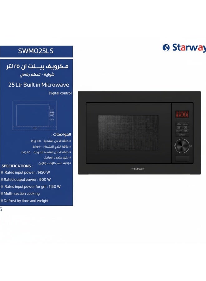 Starway 25 Lt Built In Microwave Oven with Grill, 1400 Watt, Total Steel Surface and Cavity, Matt Black - Image 2