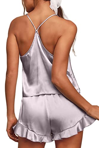 CHYRII Women's Sexy Silk Satin PJS Racerback Cami Tops and Ruffled Hem Shorts 2 PCS Pajamas Sets Nightwear Misty Grey S - Image 2