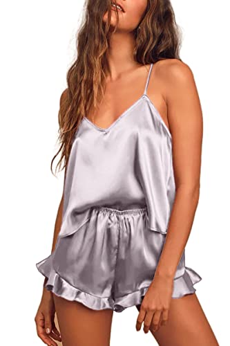 CHYRII Women's Sexy Silk Satin PJS Racerback Cami Tops and Ruffled Hem Shorts 2 PCS Pajamas Sets Nightwear Misty Grey S - Image 5