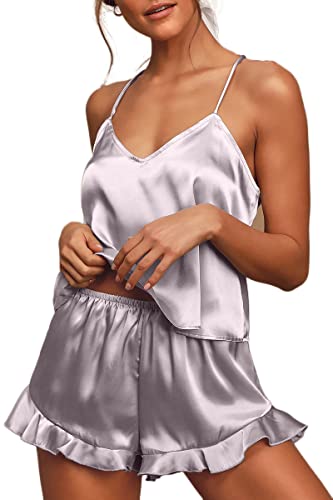 CHYRII Women's Sexy Silk Satin PJS Racerback Cami Tops and Ruffled Hem Shorts 2 PCS Pajamas Sets Nightwear Misty Grey S - Image 4