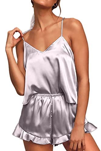 CHYRII Women's Sexy Silk Satin PJS Racerback Cami Tops and Ruffled Hem Shorts 2 PCS Pajamas Sets Nightwear Misty Grey S - Image 1