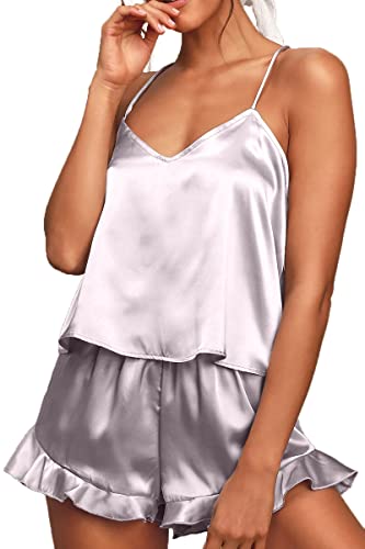 CHYRII Women's Sexy Silk Satin PJS Racerback Cami Tops and Ruffled Hem Shorts 2 PCS Pajamas Sets Nightwear Misty Grey S - Image 3
