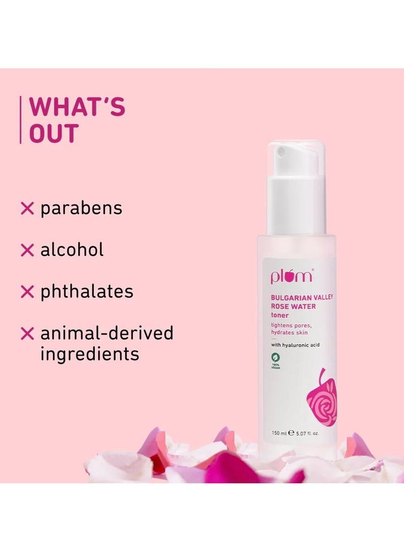 Plum Bulgarian Valley Rose Water Toner with Hyaluronic Acid & Rose Extracts|100% Natural Rose Fragrance|Soothing and Pore Tightening|Balances Ph Levels | for All Skin Types (150 Ml)