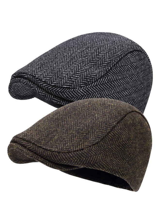 STARANCE 2 Pack Newsboy Hats for Men Wool Blend Ivy Driving Flat Cap (Herringbone Coffee/Herringbone Grey) - Image 1