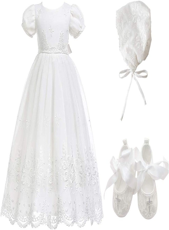 Glamulice Baby Girls Newborn Satin Christening Baptism Floral Embroidered Lace Dresses Infant Girl Baptism Outfits Off White Easter Dress Hat Handmade Shoes 6M/ 6-12 - Image 1