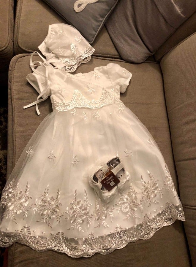 Glamulice Baby Girls Newborn Satin Christening Baptism Floral Embroidered Lace Dresses Infant Girl Baptism Outfits Off White Easter Dress Hat Handmade Shoes 6M/ 6-12 - Image 2